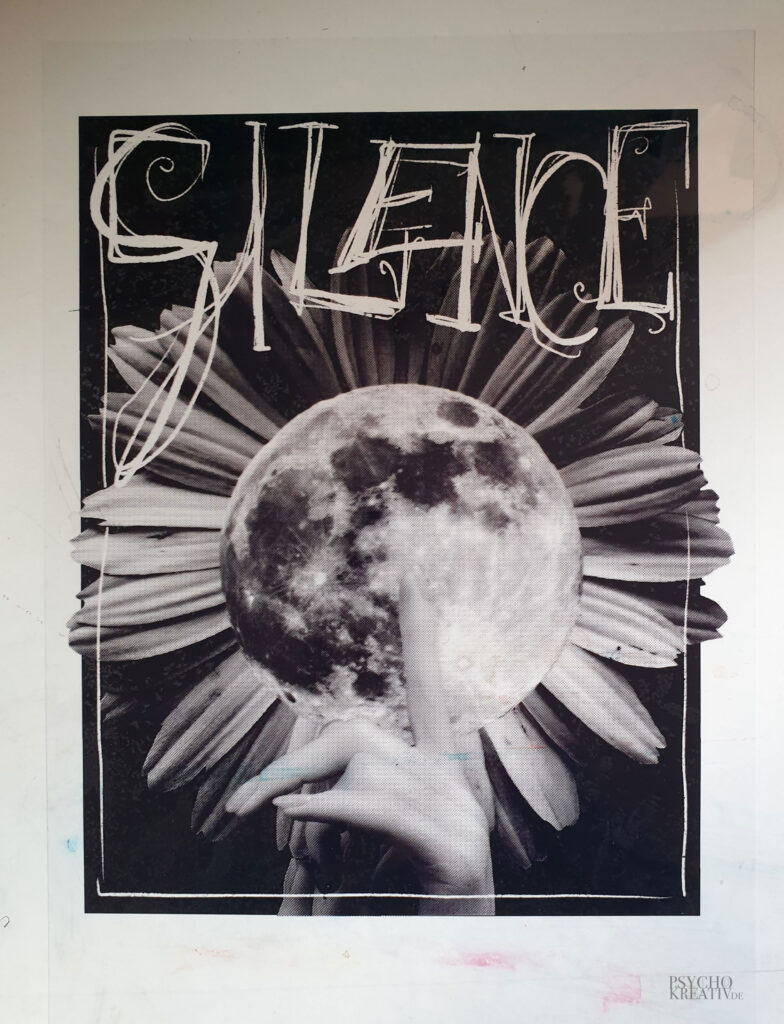 Folie mit Schriftzug Silence und Blume Mond und Hand