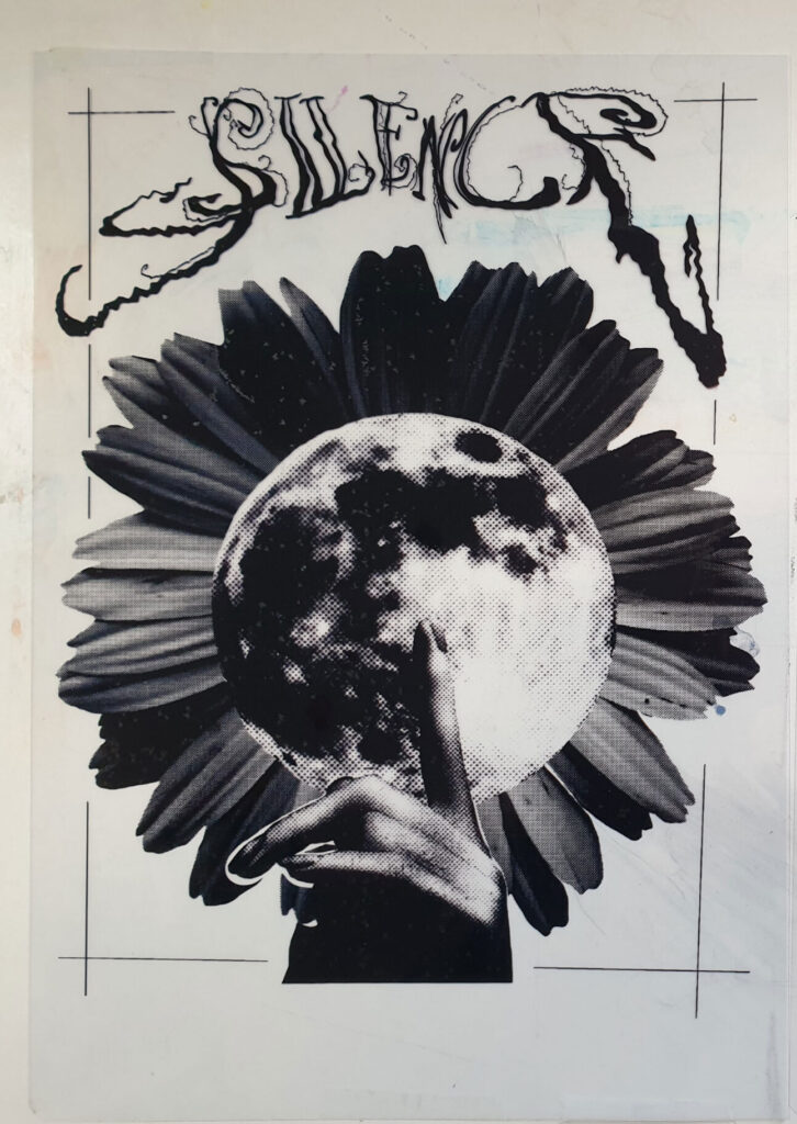 zwei Folien mit Blume und Hand und auf der anderen Folie nur Blume
