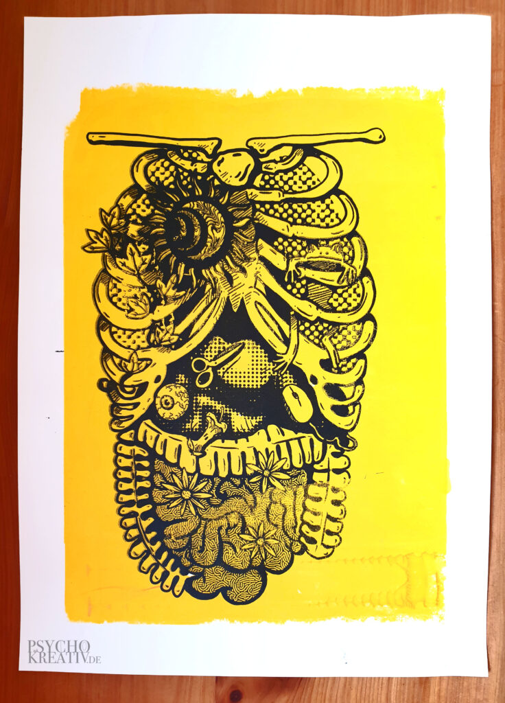 Siebdruck auf Papier mit gelbem Hintergrund und Torso als Motiv