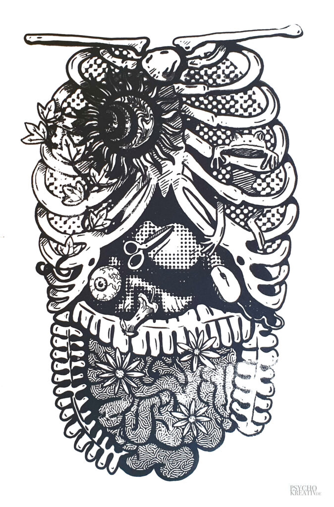 Siebdruck auf Papier mit weißem Hintergrund und Torso als Motiv